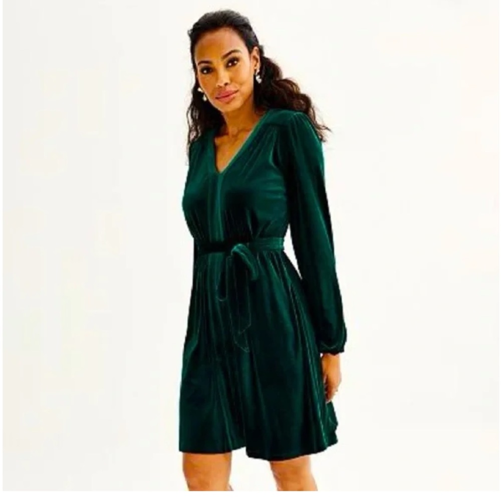 Women's size Large DRAPER JAMES RSVP Green Long Sleeve Belted Velvet Dress